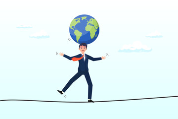 Businessman leader acrobat try to balance world globe on his head, geopolitical risk, world leader conflict, war and invasion danger causing economic and investment risk, nuclear war tension (Vector)