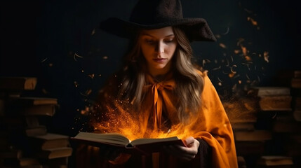 Fantasy woman witch magician in hood holds in hands magic book, bright orange light spells, wind scatters fall sheets paper page levitation. Medieval cloak dress magician costume. Generated AI  - obrazy, fototapety, plakaty