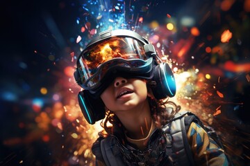 Boy wearing VR headset user, surreal world and virtual reality, colorful flowers fields. Generative AI