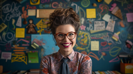 An expressive portrait of a teacher with a chalkboard filled with encouraging messages 