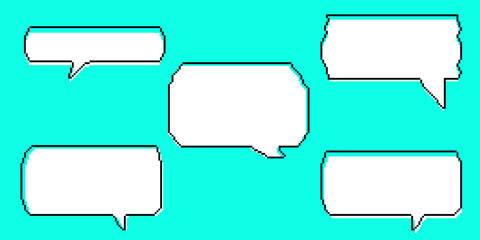 Pixel dialogue white box set in blue background. Speech pixel bubble for chat and game. Cloud talk for retro game. Vector illustration