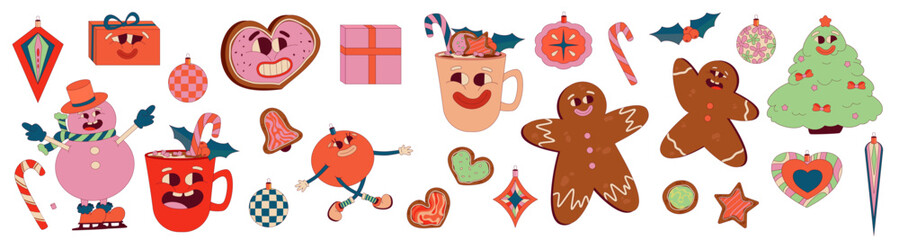 Retro Groovy Christmas set with funny character gift, snowman, gingerbread and toys. Trippy Funny Character groovy retro collection. Vector cartoon illustration