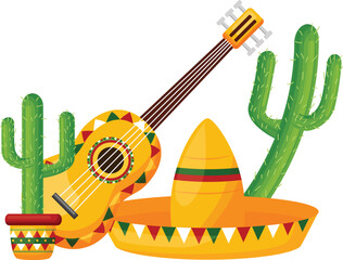 a cartoon of a guitar and a cactus with a mexican hat