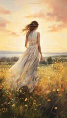 Fototapeta na wymiar An elegant watercolor painting of a woman in a flowing skirt, her back turned as she walks through a field of wildflowers, with the sun setting in the distance, casting a warm glow. Generative AI. 