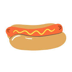 Hot dog illustration. Fast food. American food.Delicious food with a sausage lying in a bun and poured mustard. Hand drawn vector design for menu, logo, poster