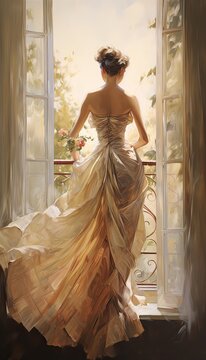 An artistic painting of a woman in a vintage dress, her back turned towards a sunlit window with sheer curtains, creating an atmosphere of timeless beauty and grace. Wedding card. Generative AI. 