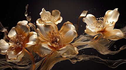 An artistic and abstract portrayal of a golden-infused flower bouquet, with each bloom seemingly dipped in liquid gold. Fashion, floral wallpaper texture, glamor decoration, gift. Generative AI.