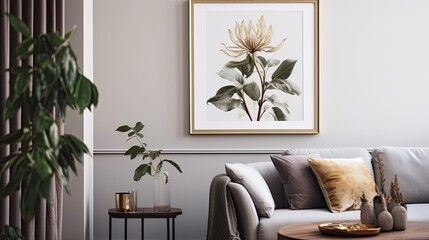 An artistic and unique photograph of a golden-framed botanical illustration featuring various flowers and foliage, adding an air of sophistication and elegance to any space. Generative AI. 
