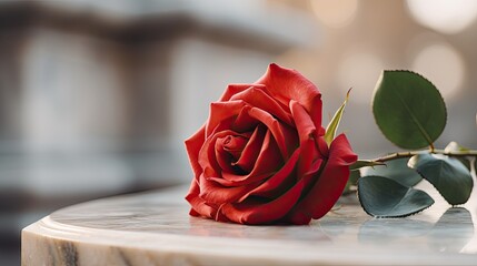 An enchanting macro shot of a single red rose with golden-tipped petals, placed delicately on a marble pedestal.  Wedding card, celebration, birthday, voucher, wallpaper. Generative AI. 