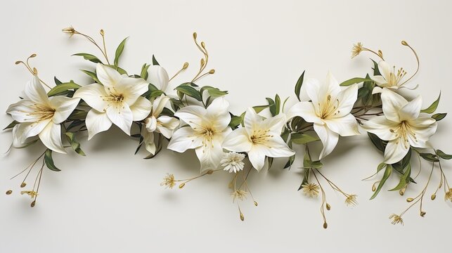 A photorealistic image of a minimalist floral garland made of delicate white lilies and golden accents, gracefully draped over a pristine white background. Wedding card, condolences. Generative AI. 
