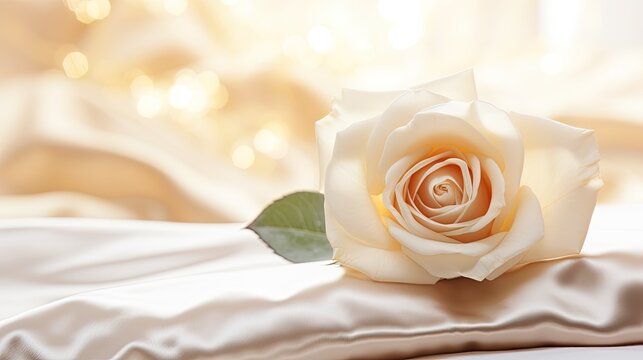 A minimalist yet luxurious image of a single golden rose delicately placed on a bed of white petals, with a soft, bokeh-filled background of muted colors. Wedding card, jewel design. Generative AI. 