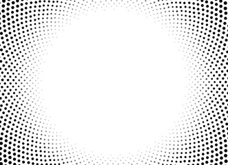 Halftone dotted pattern. Pop art radial gradient background. Comic half tone radial texture. Optical spotted effect. Black white banner. Abstract design. Monochrome vector illustration