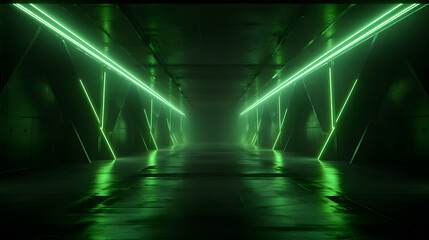Sci Fi Futuristic Neon Laser Electric Cyber Glowing Bunker Green Lights Stage Garage Hangar Hallway Corridor Tunnel Cement Concrete Grunge Basement Club 3D Rendering