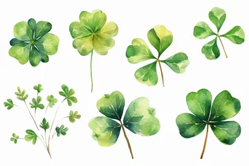 Foto op Plexiglas Lucky clover leaves with four leaf. Patricks day watercolor clipart © KhWutthiphong