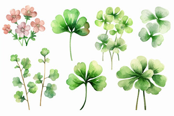 Lucky clover leaves with four leaf. Patricks day watercolor clipart