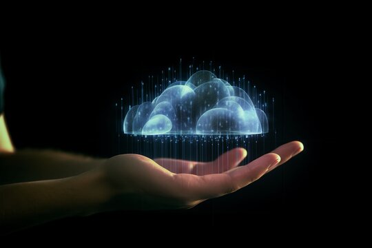 Close up of hand using glowing cloud computing hologram