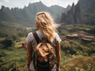 Fototapeta na wymiar Blonde girl travel to indonesia Generative ai