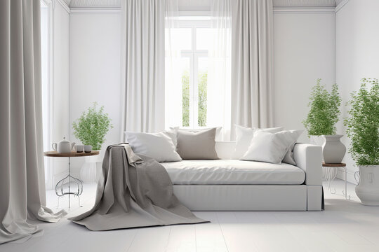 salon de una casa con pared vacia en tonos claros con sofa . ilustracion de ia generativa