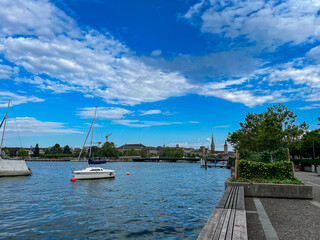 Panoramic view of the Zurich lake promenade in summer