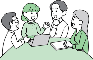打ち合わせをしている若者（緑色）