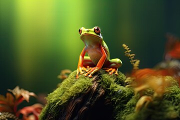 Green frog sitting on mossy rock in stream.