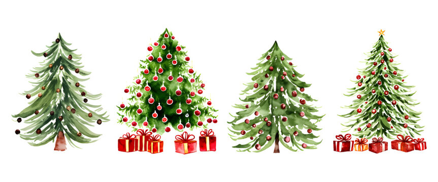 Set of hand drawn watercolor Christmas trees decorated with red gift boxes and balls.