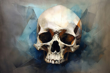Illustration with a human skull on an abstract background, generative ai
