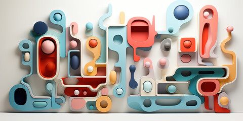 Abstract 3d shapes on horizontal wallpaper. Liquid color pattern, soft wavy three dimensional shape, computer art, textile, panoramic ai. Modern trending background generated artificial intelligence.