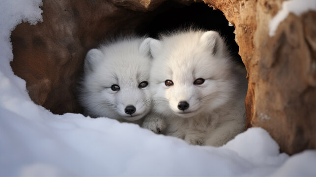 Arctic Fox Pups in their Den: Description: This heartwarming image captures Arctic fox pups cuddled up together in their den. Their thick, plush fur provides warmth in the cold Arctic environment.
