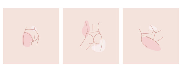 Woman parts. Female outline body in swimsuit or underwear elements. Hand drawn pastel pink minimal cards. Sexy skin and plus size female characters in bra and panties posters, vector isolated set - obrazy, fototapety, plakaty