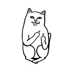 Vector isolated cute cartoon funny white cat showing two middle fingers fuck ripndip brand print colorless black and white easy doodle drawing - obrazy, fototapety, plakaty