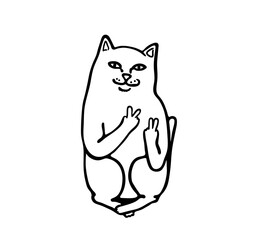 Vector isolated cute cartoon funny white cat showing yo fingers hand gesture ripndip brand print colorless black and white easy doodle drawing