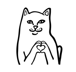 Vector isolated cute cartoon funny white cat showing figers heart hand gesture ripndip brand print colorless black and white easy doodle drawing