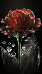 Flower, red carnation in crystals on a black background. Created with AI