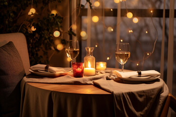 Romantic dinner table setting for two, covered with a gray tablecloth and set with white plates,...