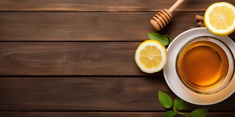 Obraz na płótnie Canvas Natural wellness. Closeup of cup on wooden table with fresh lemon and organic honey