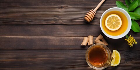 Fototapeta na wymiar Natural wellness. Closeup of cup on wooden table with fresh lemon and organic honey