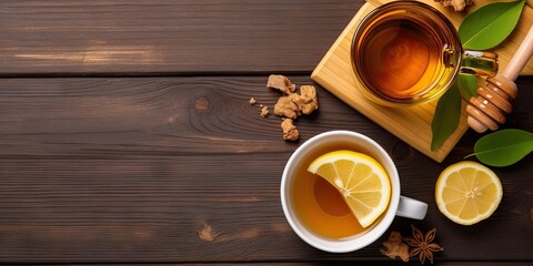 Obraz na płótnie Canvas Natural wellness. Closeup of cup on wooden table with fresh lemon and organic honey