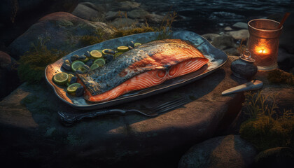 Grilled red fish, salmon or salmon steak, dinner by the fire on the hunt. Content created with AI