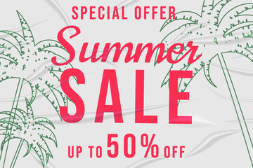Summer Sale glued paper with wrinkles effect realistic banner tropical palms