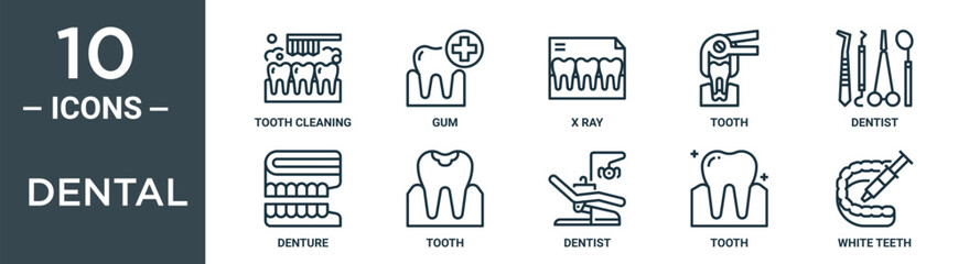 dental outline icon set includes thin line tooth cleaning, gum, x ray, tooth, dentist, denture, tooth icons for report, presentation, diagram, web design