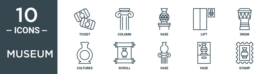 museum outline icon set includes thin line ticket, column, vase, lift, drum, cultures, scroll icons for report, presentation, diagram, web design