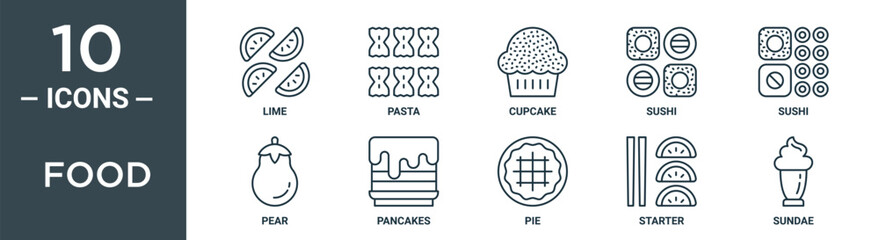 food outline icon set includes thin line lime, pasta, cupcake, sushi, sushi, pear, pancakes icons for report, presentation, diagram, web design