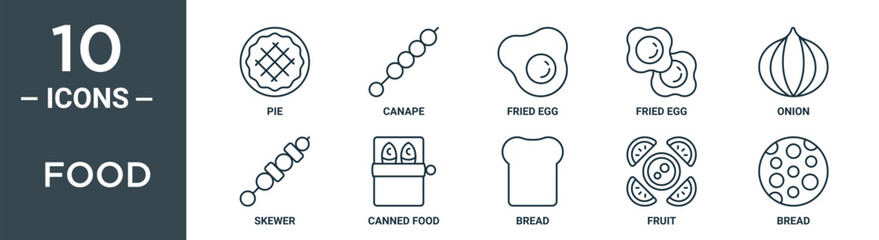 food outline icon set includes thin line pie, canape, fried egg, fried egg, onion, skewer, canned food icons for report, presentation, diagram, web design