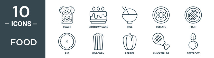 food outline icon set includes thin line toast, birthday cake, rice, tomato, fruit, pie, popcorn icons for report, presentation, diagram, web design
