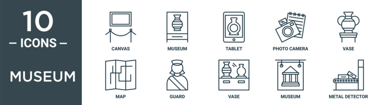 museum outline icon set includes thin line canvas, museum, tablet, photo camera, vase, map, guard icons for report, presentation, diagram, web design