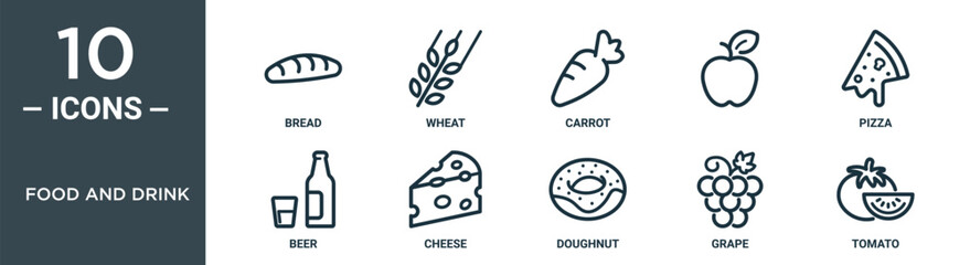 food and drink outline icon set includes thin line bread, wheat, carrot, , pizza, beer, cheese icons for report, presentation, diagram, web design