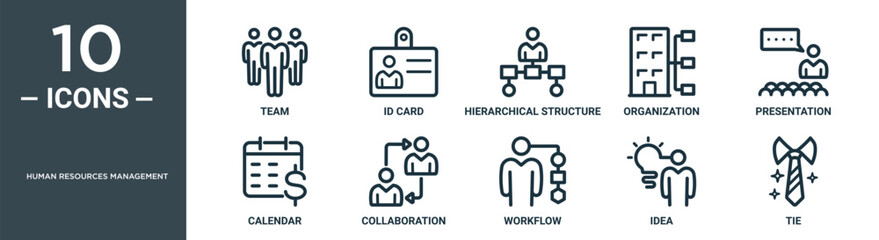 human resources management outline icon set includes thin line team, id card, hierarchical structure, organization, presentation, calendar, collaboration icons for report, presentation, diagram, web