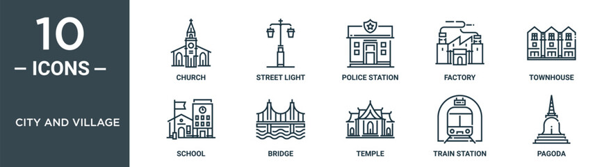 city and village outline icon set includes thin line church, street light, police station, factory, townhouse, school, bridge icons for report, presentation, diagram, web design - obrazy, fototapety, plakaty