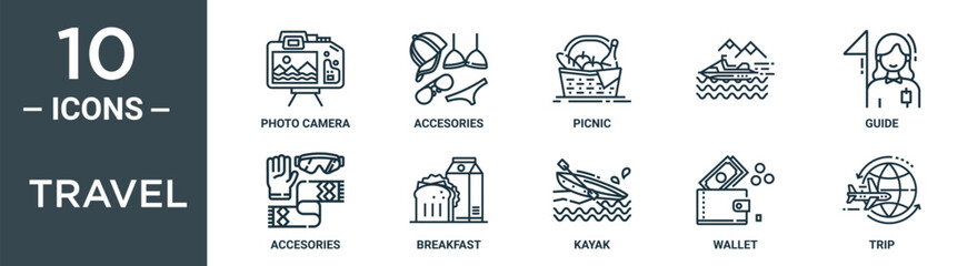 travel outline icon set includes thin line photo camera, accesories, picnic, , guide, accesories, breakfast icons for report, presentation, diagram, web design